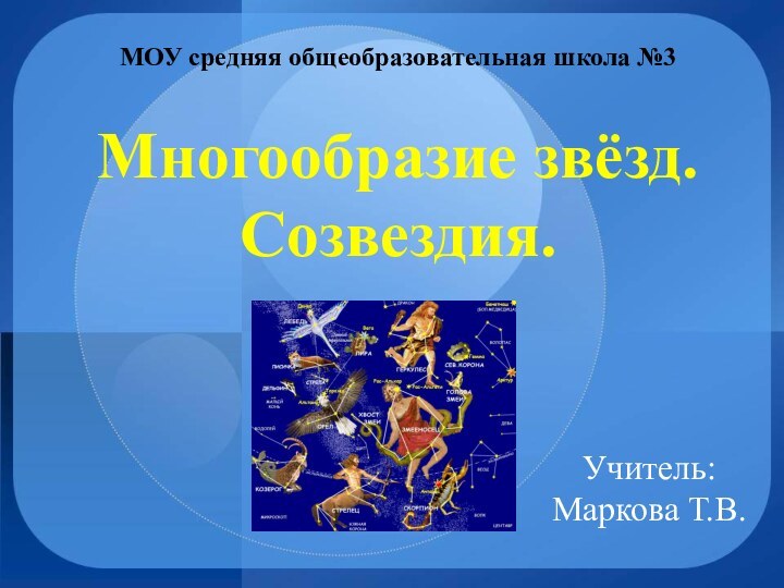 Многообразие звёзд. Созвездия.Учитель: Маркова Т.В.МОУ средняя общеобразовательная школа №3