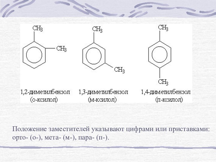 Положение заместителей указывают цифрами или приставками: орто- (о-), мета- (м-), пара- (п-).