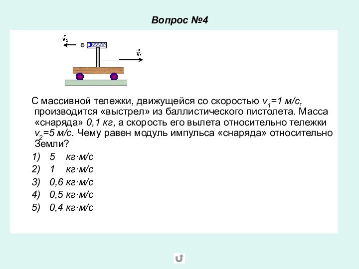 Вопрос №4   				С массивной тележки, движущейся со скоростью v1=1 м/с,