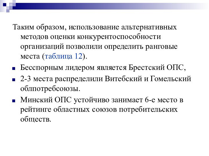 Таким образом, использование альтернативных методов оценки конкурентоспособности организаций позволили определить ранговые места