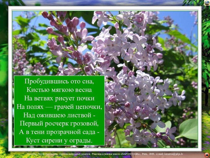 Пробудившись ото сна, Кистью мягкою весна На ветвях рисует почки На полях