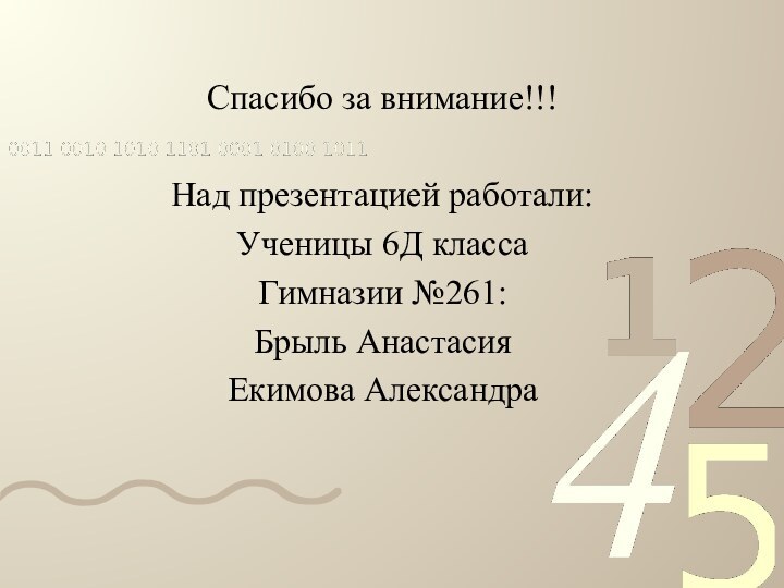 Спасибо за внимание!!!Над презентацией работали:Ученицы 6Д класса Гимназии №261:Брыль АнастасияЕкимова Александра