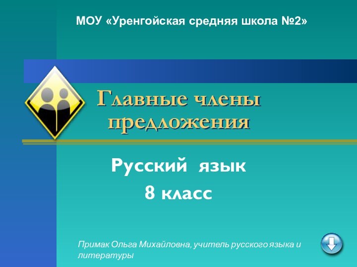 Главные члены предложенияРусский язык8 классПримак Ольга Михайловна, учитель русского языка и литературыМОУ «Уренгойская средняя школа №2»