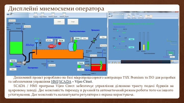 Дисплейні мнемосхеми оператораДипломний проект розроблено на базі мікропроцесорного контролера TSX Premium та