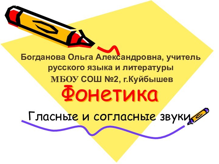 ФонетикаГласные и согласные звукиБогданова Ольга Александровна, учитель русского языка и литературы МБОУ СОШ №2, г.Куйбышев