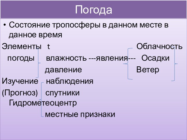 ПогодаСостояние тропосферы в данном месте в данное времяЭлементы  t