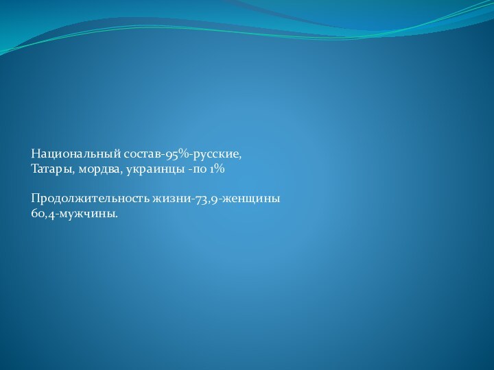 Национальный состав-95%-русские,Татары, мордва, украинцы -по 1%Продолжительность жизни-73,9-женщины60,4-мужчины.