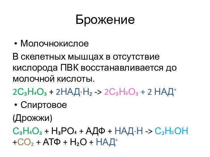 БрожениеМолочнокислоеВ скелетных мышцах в отсутствие кислорода ПВК восстанавливается до молочной кислоты.2С₃Н₄О₃ +