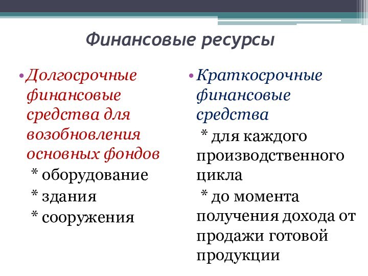 Финансовые ресурсыДолгосрочные финансовые средства для возобновления основных фондов	* оборудование	* здания	* сооруженияКраткосрочные финансовые