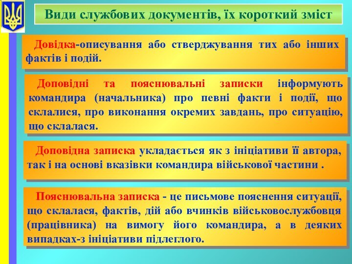 Види службових документів, їх короткий зміст Довідка-описування або стверджування тих або інших