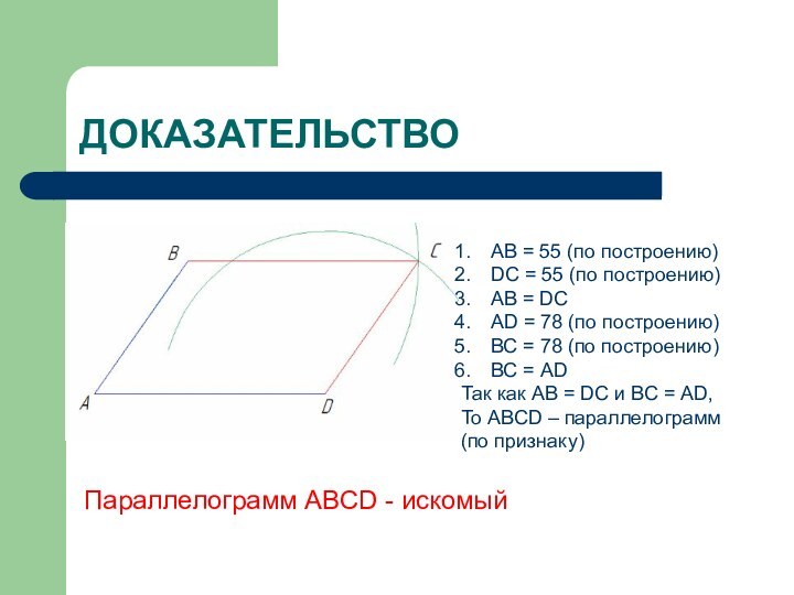 ДОКАЗАТЕЛЬСТВОАВ = 55 (по построению)DC = 55 (по построению)АВ = DCAD =