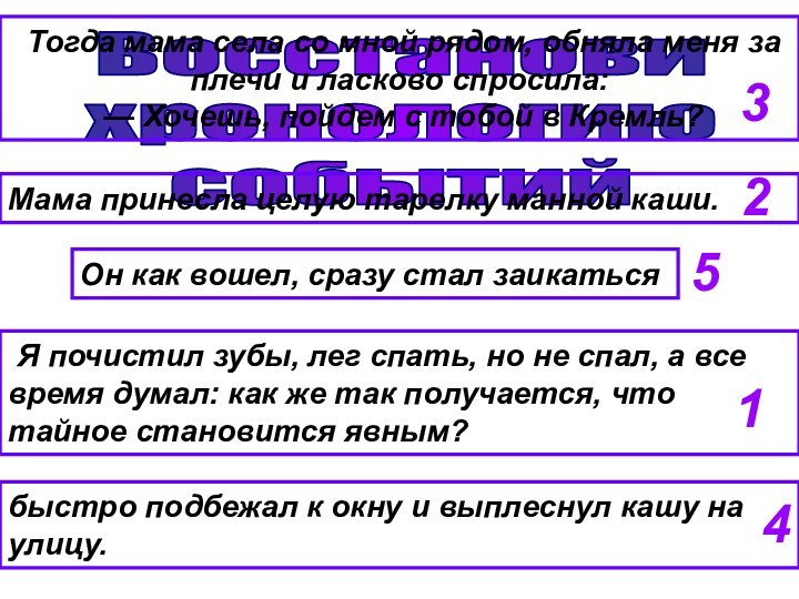 Восстанови хронологию событий Я почистил зубы, лег спать, но не спал, а