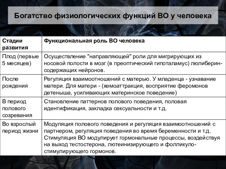 Богатство физиологических функций ВО у человека