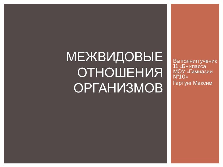 Выполнил ученик 11 «Б» класса МОУ «Гимназии №10» Гартунг МаксимМежвидовые отношения организмов