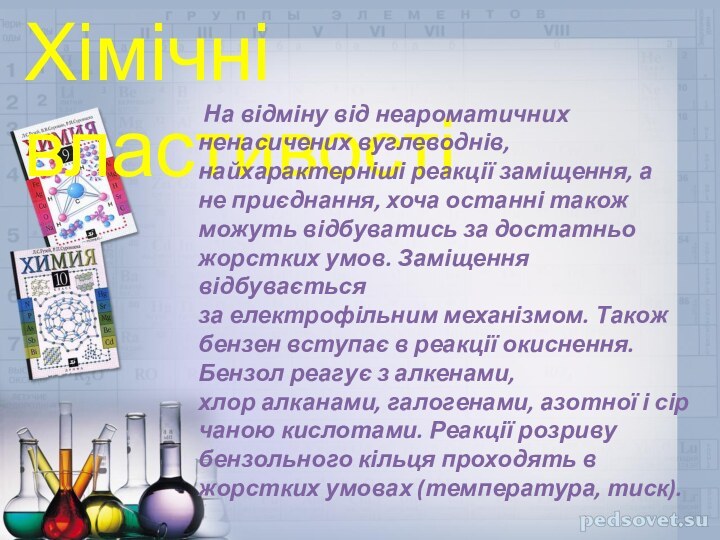 Хімічні властивості На відміну від неароматичних ненасичених вуглеводнів, найхарактерніші реакції заміщення, а не приєднання, хоча