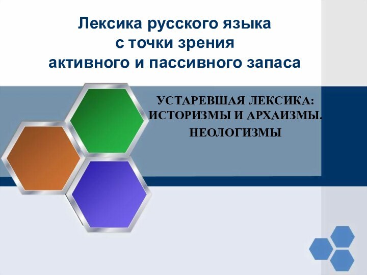 Лексика русского языка  с точки зрения  активного и пассивного запасаУСТАРЕВШАЯ ЛЕКСИКА: ИСТОРИЗМЫ И АРХАИЗМЫ.НЕОЛОГИЗМЫ