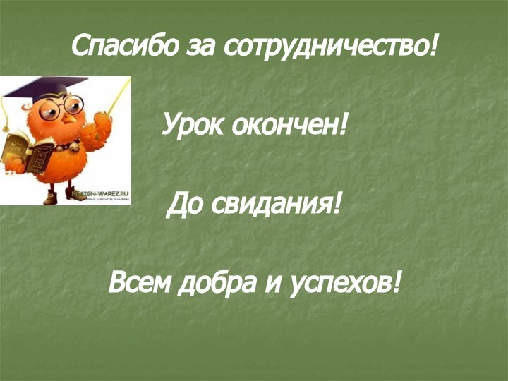 Спасибо за сотрудничество! Урок окончен! До свидания! Всем добра и успехов!