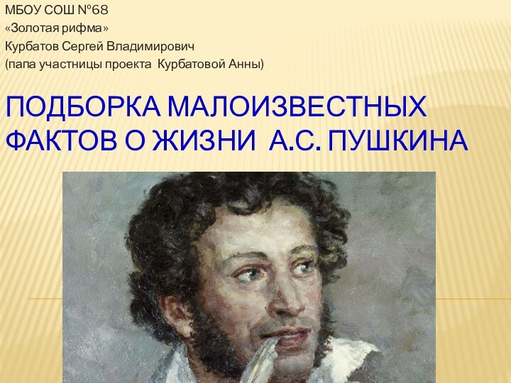 Подборка малоизвестных фактов о жизни А.С. ПушкинаМБОУ СОШ №68«Золотая рифма»Курбатов Сергей Владимирович(папа участницы проекта Курбатовой Анны)