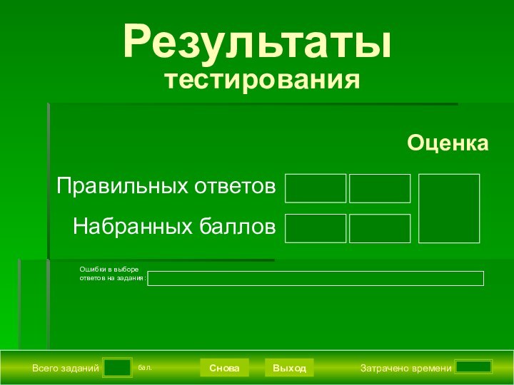 Всего заданийЗатрачено времениСноваВыходРезультаты  тестированияПодождите!Идет обработка данных бал.Правильных ответовНабранных балловОценкаОшибки в выборе ответов на задания: