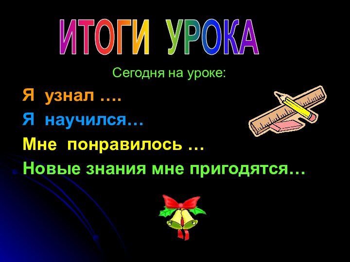 Сегодня на уроке:Я узнал ….Я научился…Мне понравилось …Новые знания мне пригодятся…ИТОГИ УРОКА