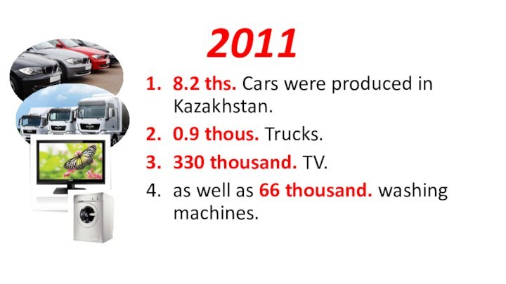 20118.2 ths. Cars were produced in Kazakhstan.0.9 thous. Trucks.330 thousand. TV.as well