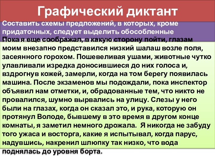 Графический диктантСоставить схемы предложений, в которых, кроме придаточных, следует выделить обособленные определения