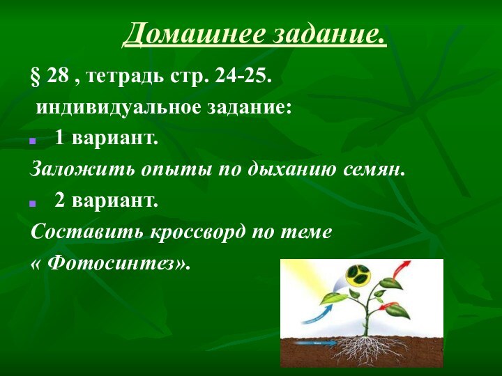 Домашнее задание.§ 28 , тетрадь стр. 24-25. индивидуальное задание: 1 вариант.Заложить опыты