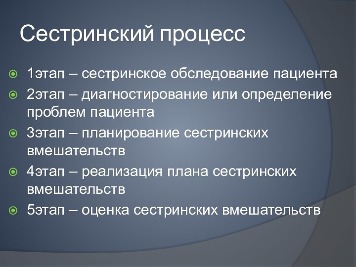 Сестринский процесс1этап – сестринское обследование пациента 2этап – диагностирование или определение проблем