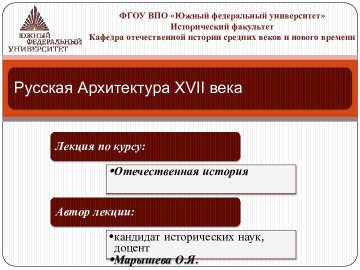 ФГОУ ВПО «Южный федеральный университет»Исторический факультетКафедра отечественной истории средних веков и нового времени