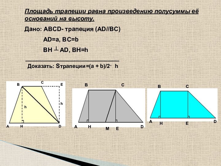 Площадь трапеции равна произведению полусуммы её оснований на высоту.Дано: ABCD- трапеция (AD//BC)