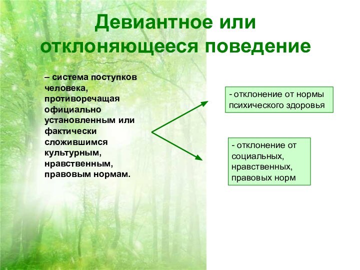 Девиантное или отклоняющееся поведение – система поступков человека, противоречащая официально установленным или