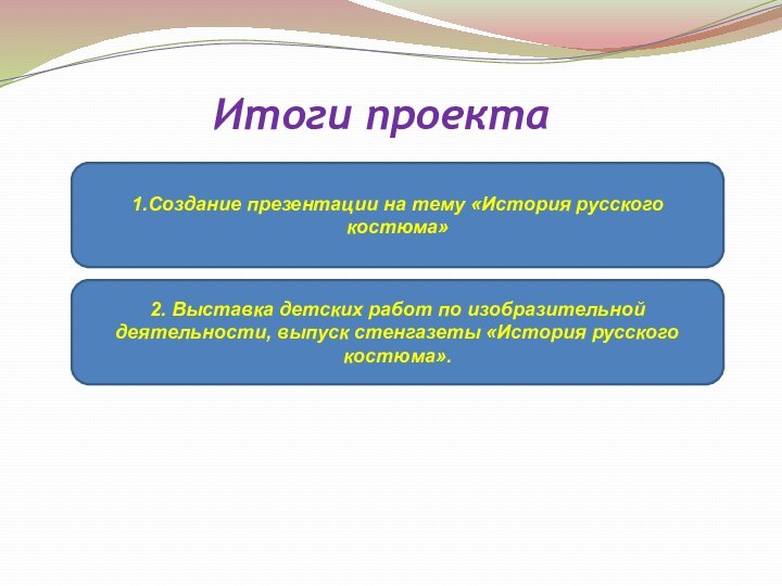 Итоги проекта1.Создание презентации на тему «История русского костюма»2. Выставка детских работ по