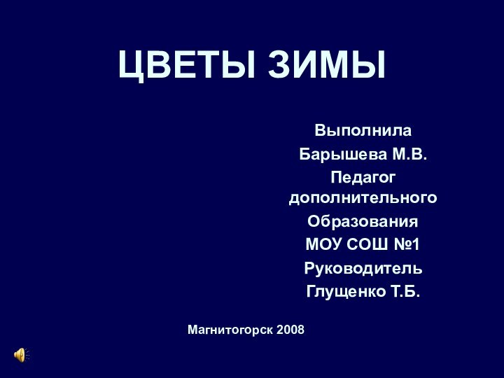 ЦВЕТЫ ЗИМЫВыполнилаБарышева М.В.Педагог дополнительногоОбразованияМОУ СОШ №1 РуководительГлущенко Т.Б.Магнитогорск 2008