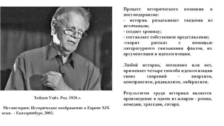 Процесс исторического познания в постмодернизме:- историк разыскивает сведения из источников;- создает хронику;-