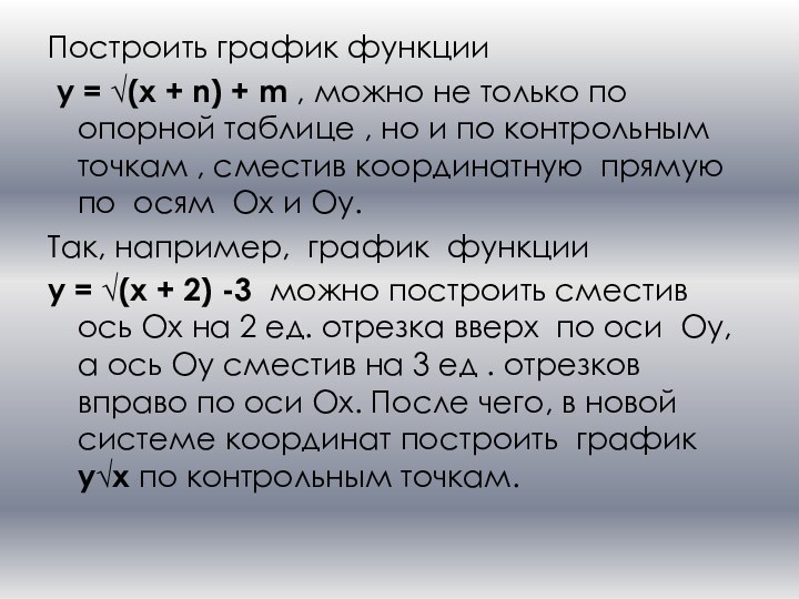 Построить график функции y = √(x + n) + m , можно