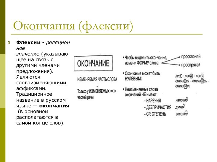 Окончания (флексии)Флексии - реляционное значение (указывающее на связь с другими членами предложения). Являются словоизменяющими аффиксами.