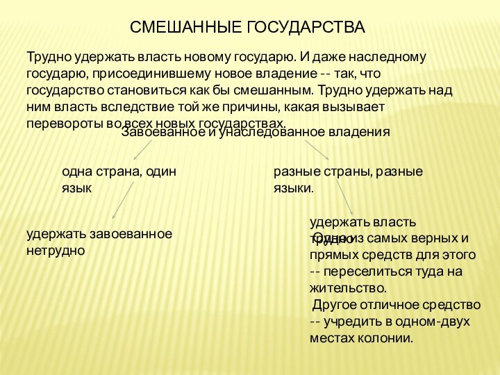 СМЕШАННЫЕ ГОСУДАРСТВАТрудно удержать власть новому государю. И даже наследному государю, присоединившему