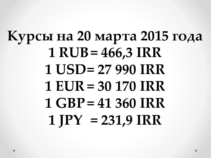 Курсы на 20 марта 2015 года1 RUB	= 466,3 IRR1 USD	= 27 990