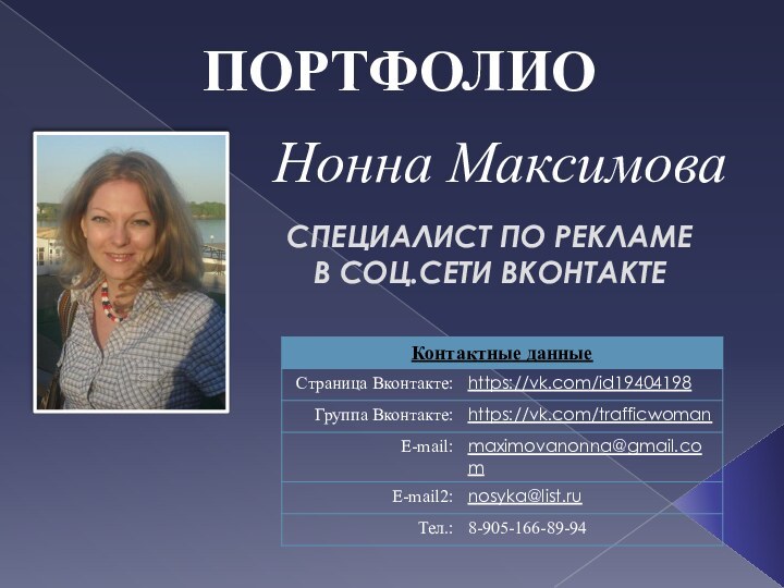 ПОРТФОЛИОспециалист по рекламе в соц.сети ВконтактеНонна Максимова