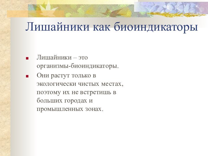 Лишайники как биоиндикаторыЛишайники – это  организмы-биоиндикаторы. Они растут только в экологически