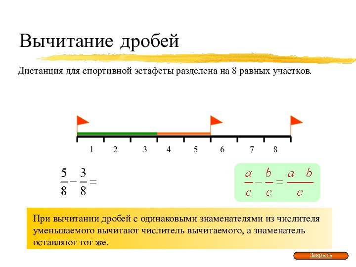 Вычитание дробейДистанция для спортивной эстафеты разделена на 8 равных участков. Витя и