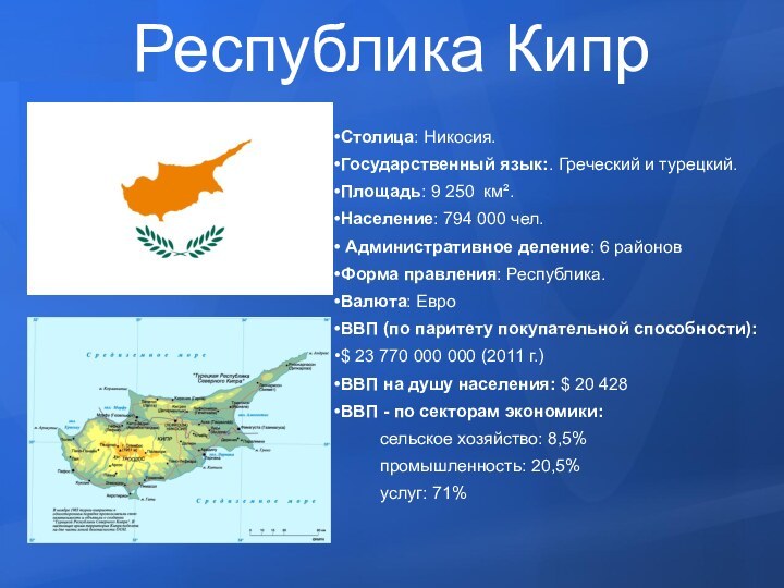 Республика КипрСтолица: Никосия.Государственный язык:. Греческий и турецкий.Площадь: 9 250  км².Население: 794 000 чел.