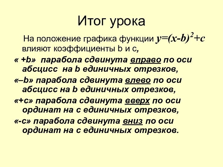 Итог урока  На положение графика функции y=(x-b)2+c влияют коэффициенты b и