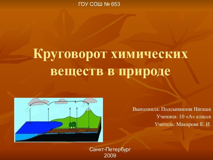 Круговорот химических веществ в природеВыполнила: Подсыпанина НаташаУченица: 10 «А» классаУчитель: Макарова Е. И.ГОУ СОШ № 653Санкт-Петербург2009