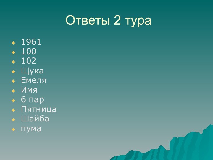 Ответы 2 тура1961100102ЩукаЕмеляИмя6 парПятницаШайбапума