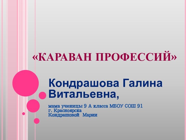 «КАРАВАН ПРОФЕССИЙ»Кондрашова Галина Витальевна,  мама ученицы 9 А класса МБОУ СОШ