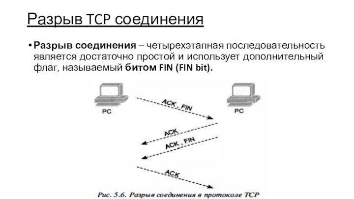 Разрыв TCP соединенияРазрыв соединения – четырехэтапная последовательность является достаточно простой и