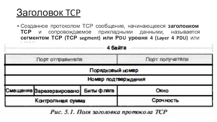 Заголовок TCPСозданное протоколом ТСР сообщение, начинающееся заголовком ТСР и сопровождаемое прикладными данными,