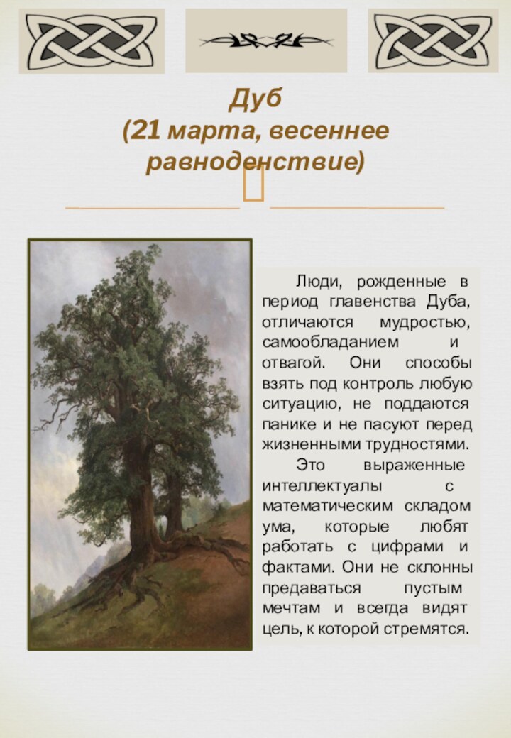 Дуб  (21 марта, весеннее равноденствие)	Люди, рожденные в период главенства Дуба, отличаются