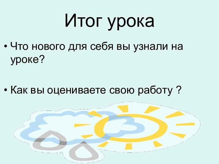 Итог урокаЧто нового для себя вы узнали на уроке?Как вы оцениваете свою работу ?